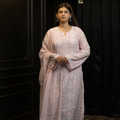 Pink Semistitched Mulchanderi Kurta Dupatta Set
