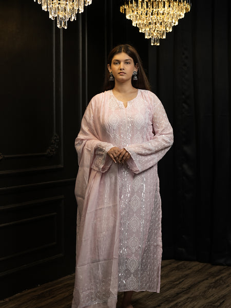 Pink Semistitched Mulchanderi Kurta Dupatta Set