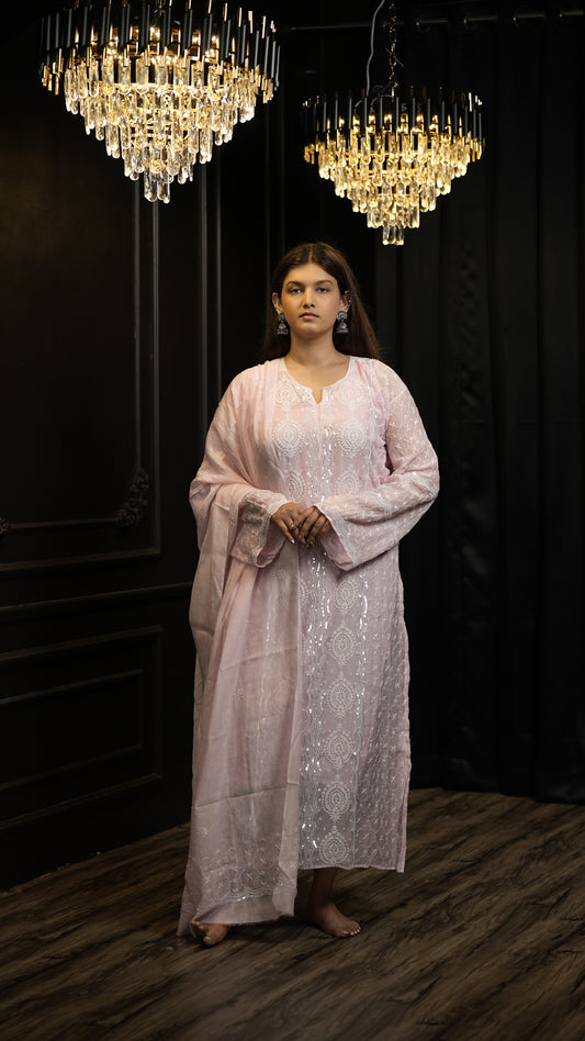 Pink Semistitched Mulchanderi Kurta Dupatta Set