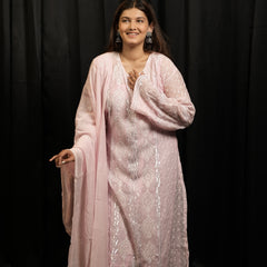 Pink Semistitched Mulchanderi Kurta Dupatta Set