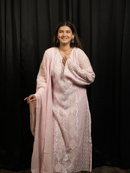 Pink Semistitched Mulchanderi Kurta Dupatta Set
