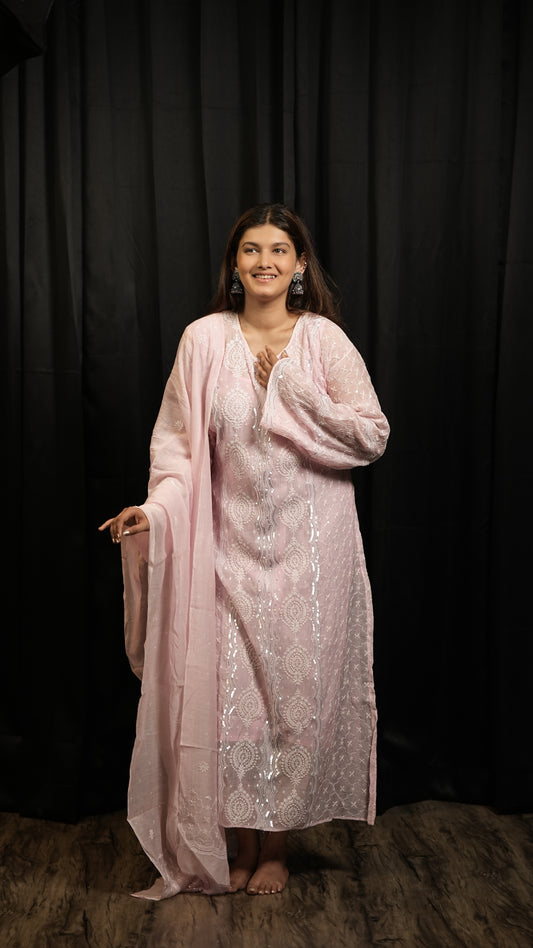 Pink Semistitched Mulchanderi Kurta Dupatta Set