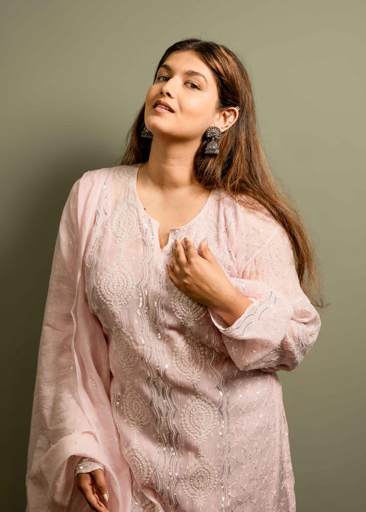 Mul Chanderi Chikankari Suit Set with Katdana