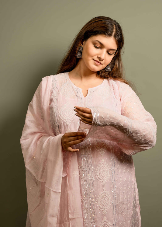 Mul Chanderi Chikankari Suit Set with Katdana