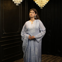 Ombre Blue Semistitched Chikankari Suit Set