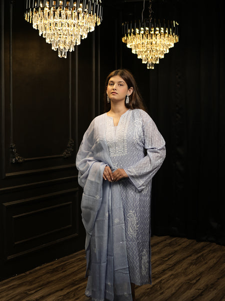 Ombre Blue Semistitched Chikankari Suit Set
