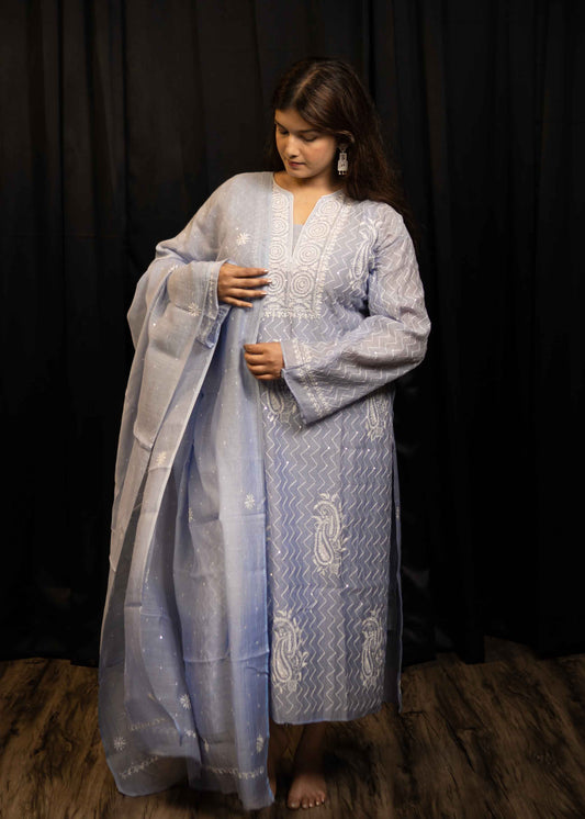 Mul Chanderi Chikankari Suit Set with Sequins & Katdana Detailing