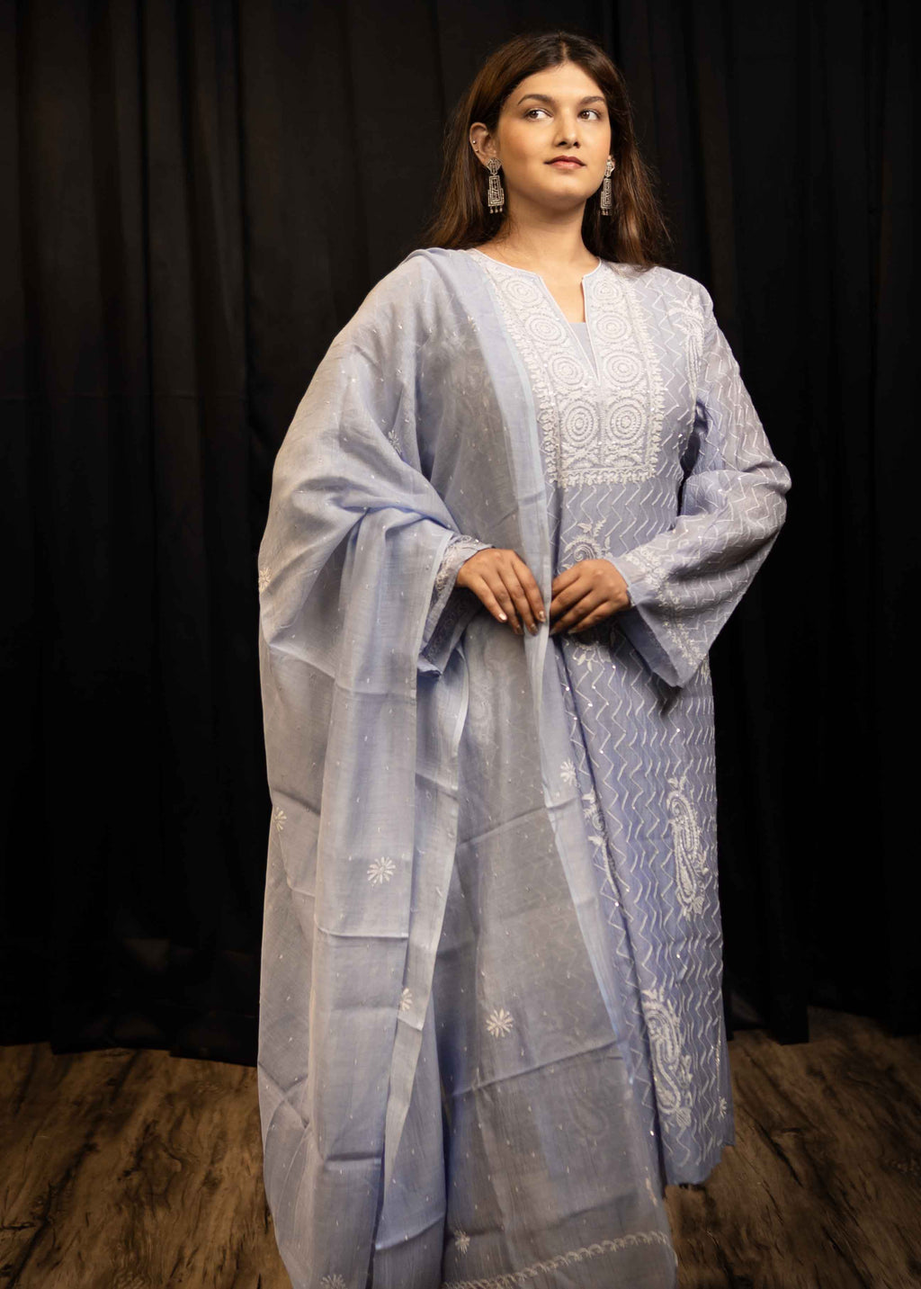 Mul Chanderi Chikankari Suit Set with Sequins & Katdana Detailing
