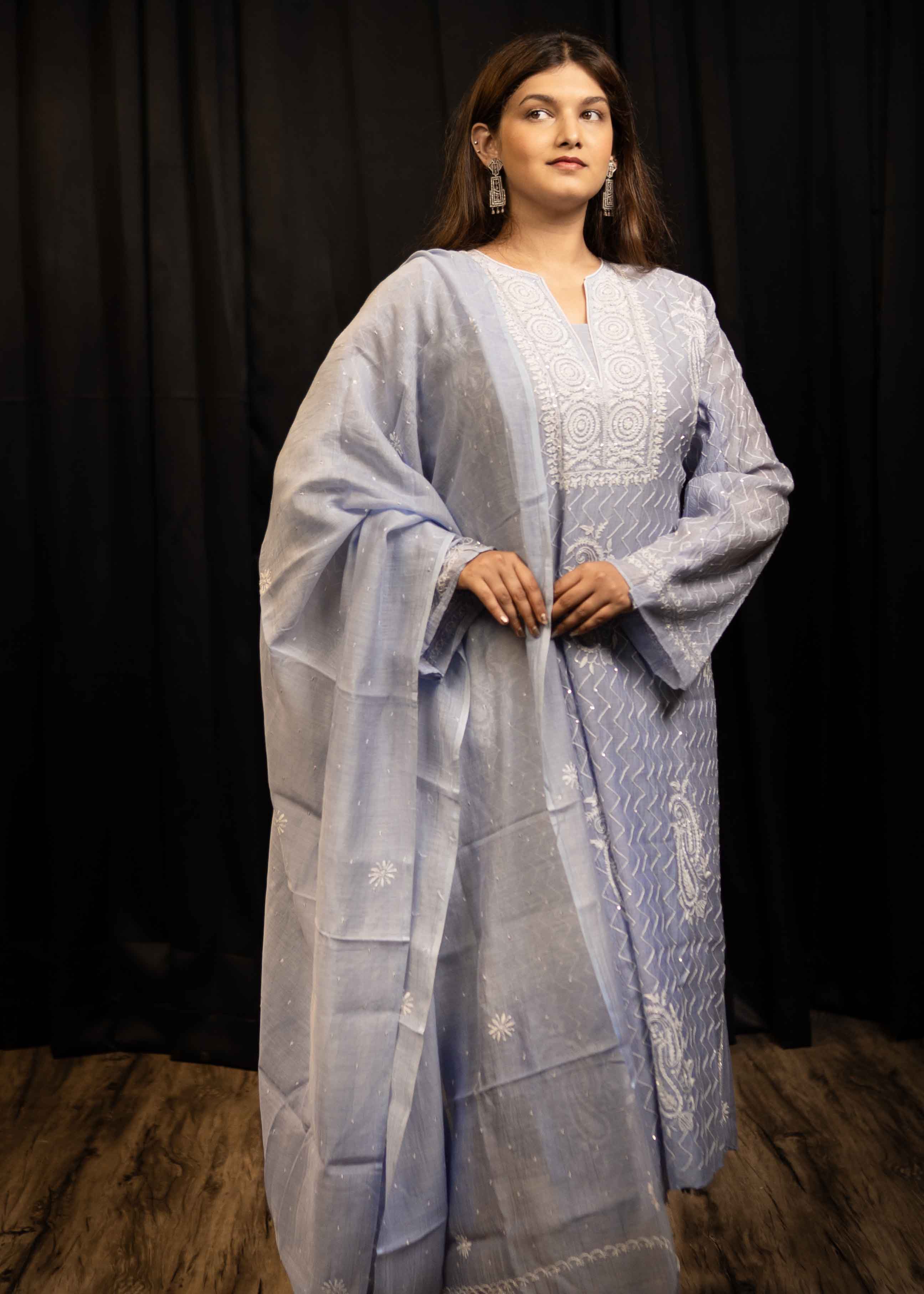 Mul Chanderi Chikankari Suit Set with Sequins & Katdana Detailing