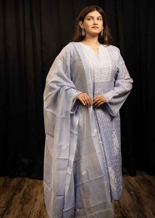 Mul Chanderi Chikankari Suit Set with Sequins & Katdana Detailing