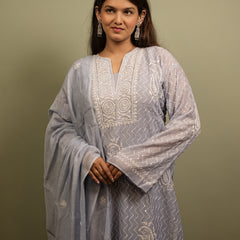 Ombre Blue Semistitched Chikankari Suit Set