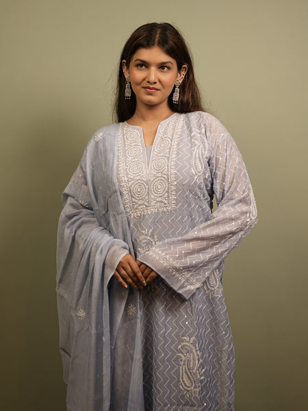Ombre Blue Semistitched Chikankari Suit Set