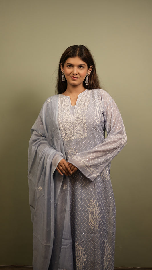 Ombre Blue Semistitched Chikankari Suit Set