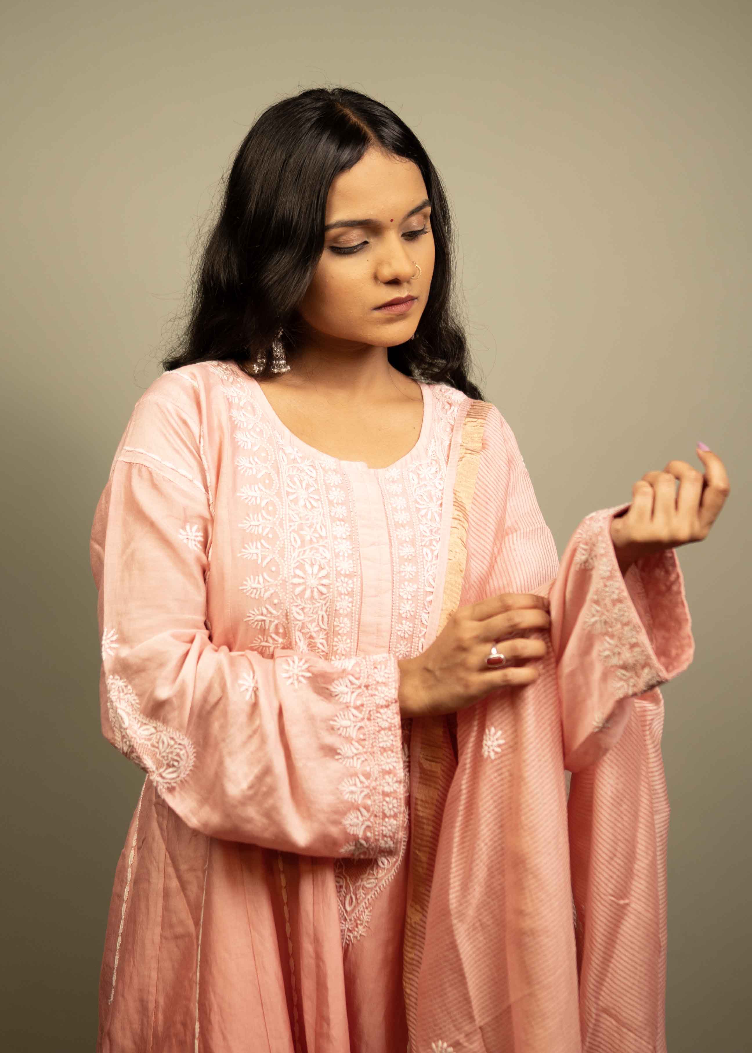 Mul Chanderi Chikankari Anarkali Suit – Kurta with Dupatta