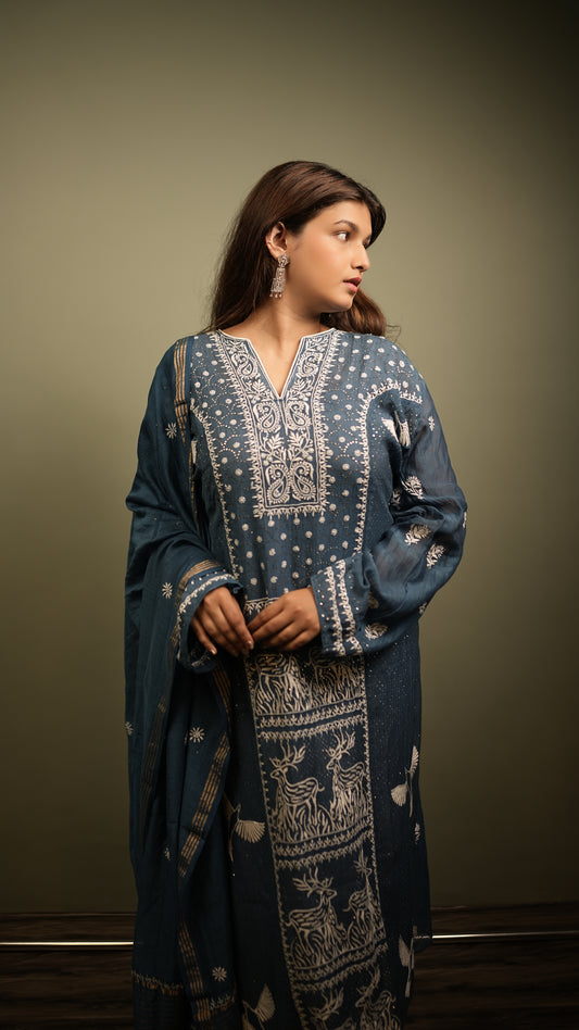 Navy Blue Semistitched Mulchanderi Kurta Dupatta Suit Set