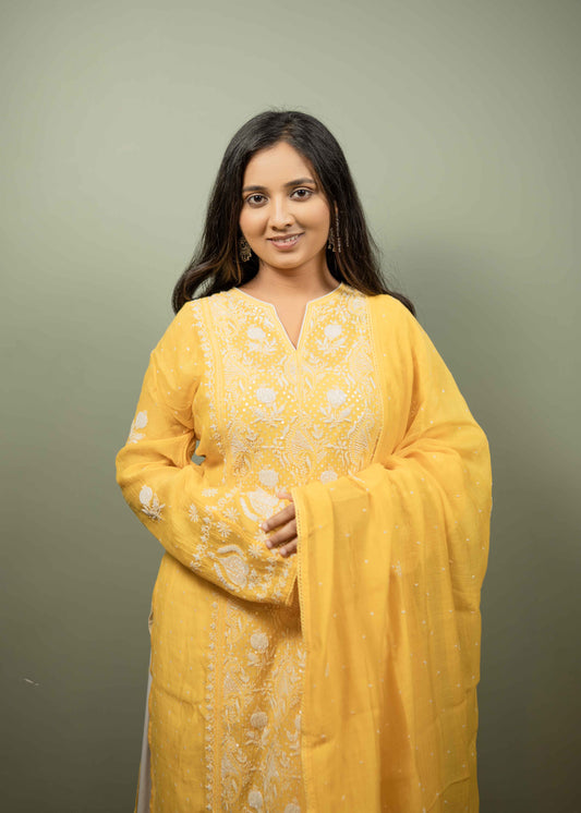 Mul Chanderi Chikankari Suit Set with Sequins & Katdana Detailing