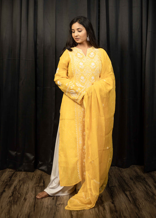 Mul Chanderi Chikankari Suit Set with Sequins & Katdana Detailing
