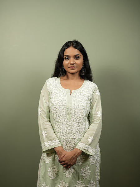 Green Readymade Cotton Chikankari Kurta
