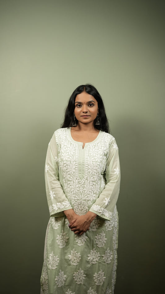 Green Readymade Cotton Chikankari Kurta