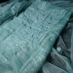 Pink and Blue Organza Chikankari Unstitched Suit Set