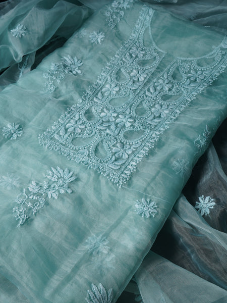 Pink and Blue Organza Chikankari Unstitched Suit Set