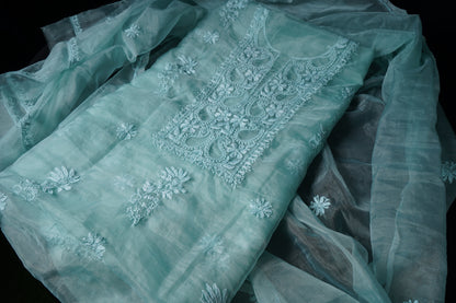 Pink and Blue Organza Chikankari Unstitched Suit Set