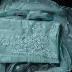 Pink and Blue Organza Chikankari Unstitched Suit Set