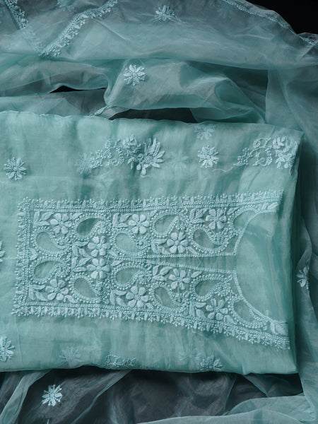 Pink and Blue Organza Chikankari Unstitched Suit Set