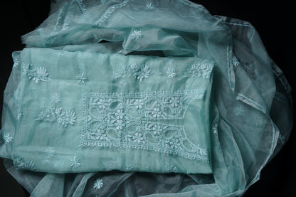 Pink and Blue Organza Chikankari Unstitched Suit Set