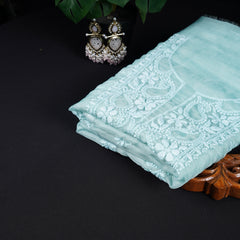 Pink and Blue Organza Chikankari Unstitched Suit Set