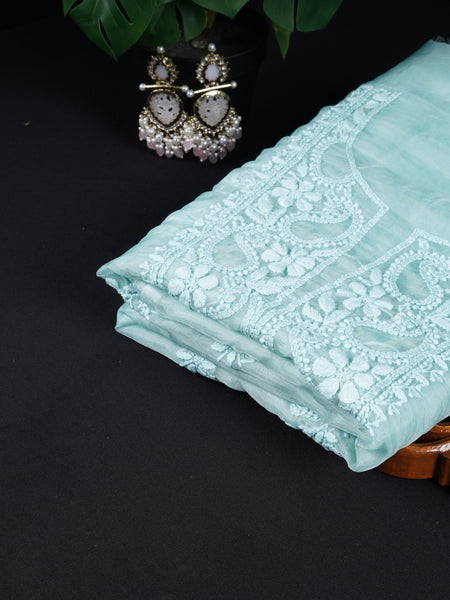 Pink and Blue Organza Chikankari Unstitched Suit Set