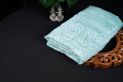 Pink and Blue Organza Chikankari Unstitched Suit Set