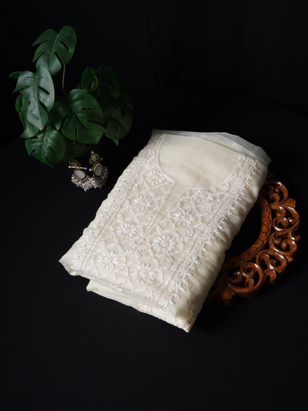 Pearl White Organza Chikankari Unstitched Suit Set