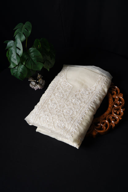 Pearl White Organza Chikankari Unstitched Suit Set
