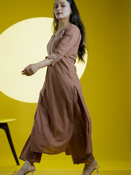 Brown Readymade Cotton Co-ord Set