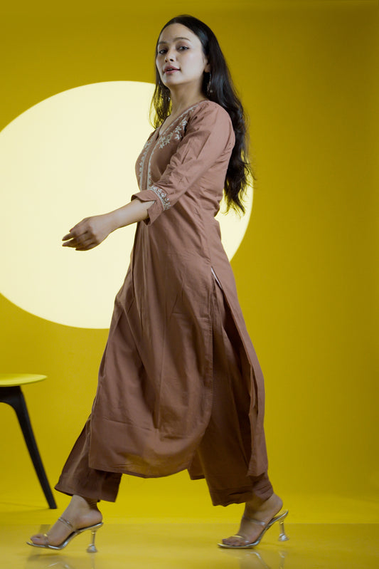 Brown Readymade Cotton Co-ord Set