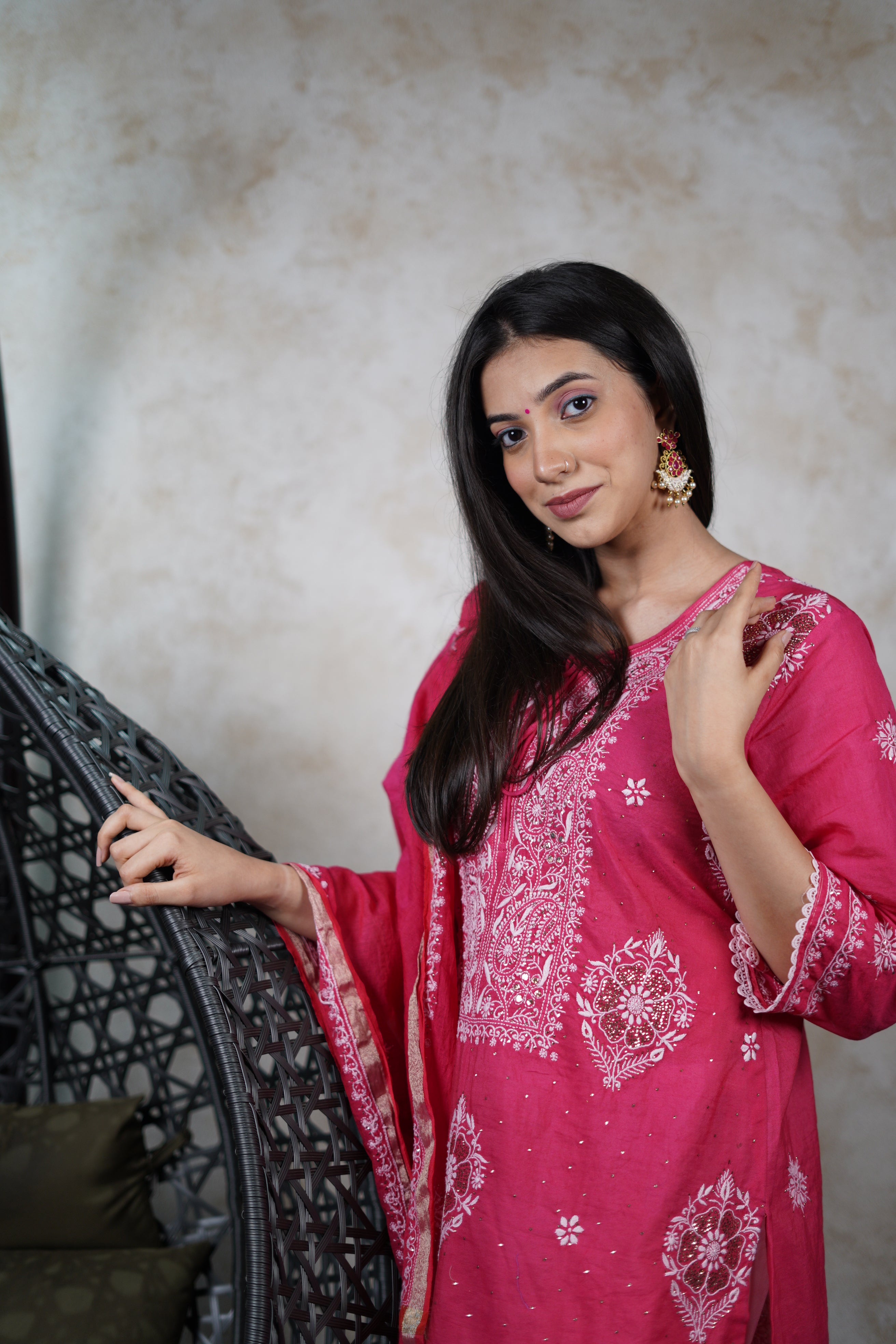 Mulchanderi Kurta Dupatta Set with Mukaish Chikankari Work