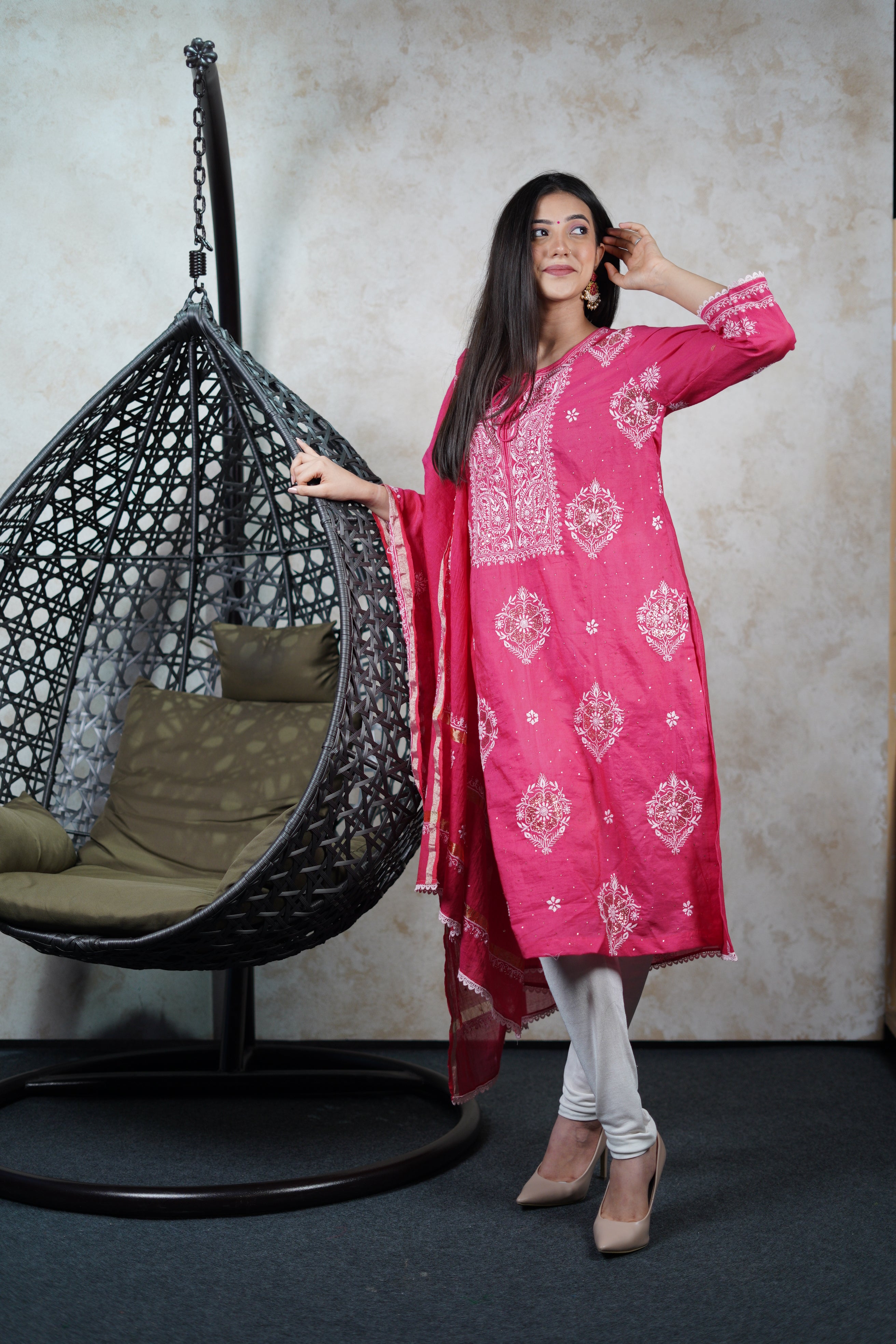 Mulchanderi Kurta Dupatta Set with Mukaish Chikankari Work