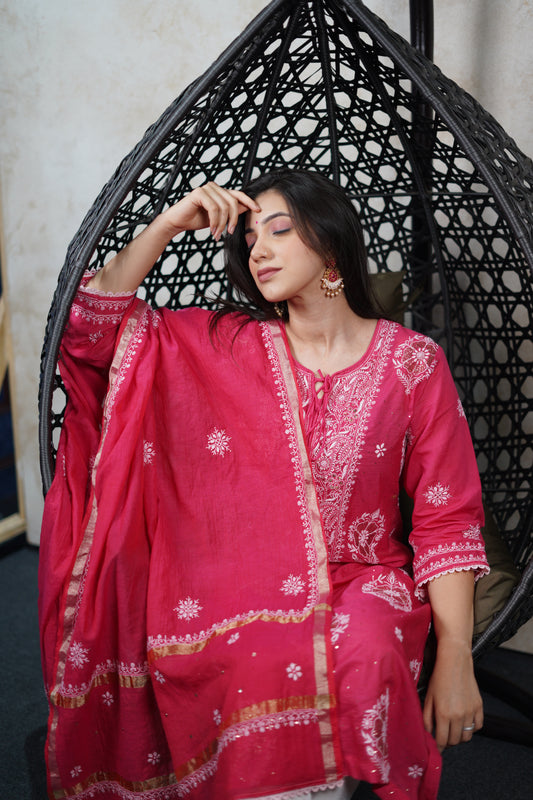 Mulchanderi Kurta Dupatta Set with Mukaish Chikankari Work
