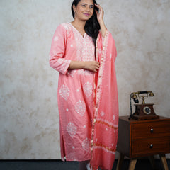 Exquisite Peach Mulchanderi Semistitched Kurta Dupatta Set with Katdana Work
