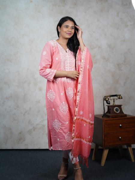 Exquisite Peach Mulchanderi Semistitched Kurta Dupatta Set with Katdana Work