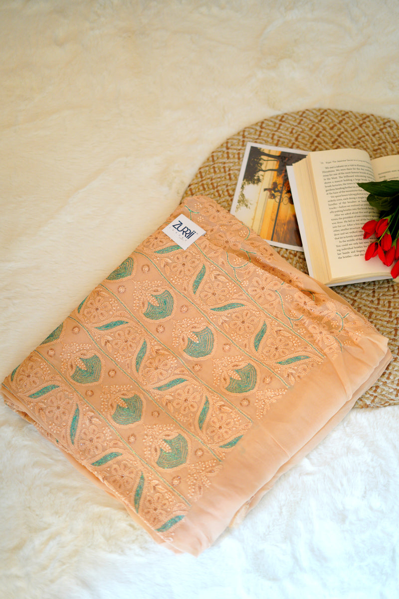 Buff Orange Unstitched Chikankari Suit Set With Thread Embroidery