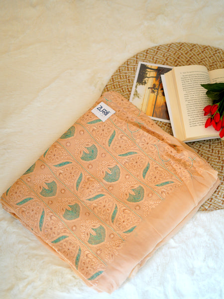 Buff Orange Unstitched Chikankari Suit Set With Thread Embroidery