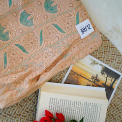 Buff Orange Unstitched Chikankari Suit Set With Thread Embroidery
