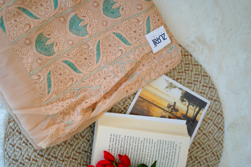 Buff Orange Unstitched Chikankari Suit Set With Thread Embroidery