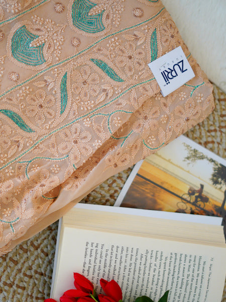 Buff Orange Unstitched Chikankari Suit Set With Thread Embroidery