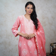 Exquisite Peach Mulchanderi Semistitched Kurta Dupatta Set with Katdana Work