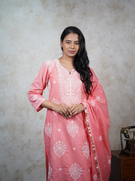 Exquisite Peach Mulchanderi Semistitched Kurta Dupatta Set with Katdana Work