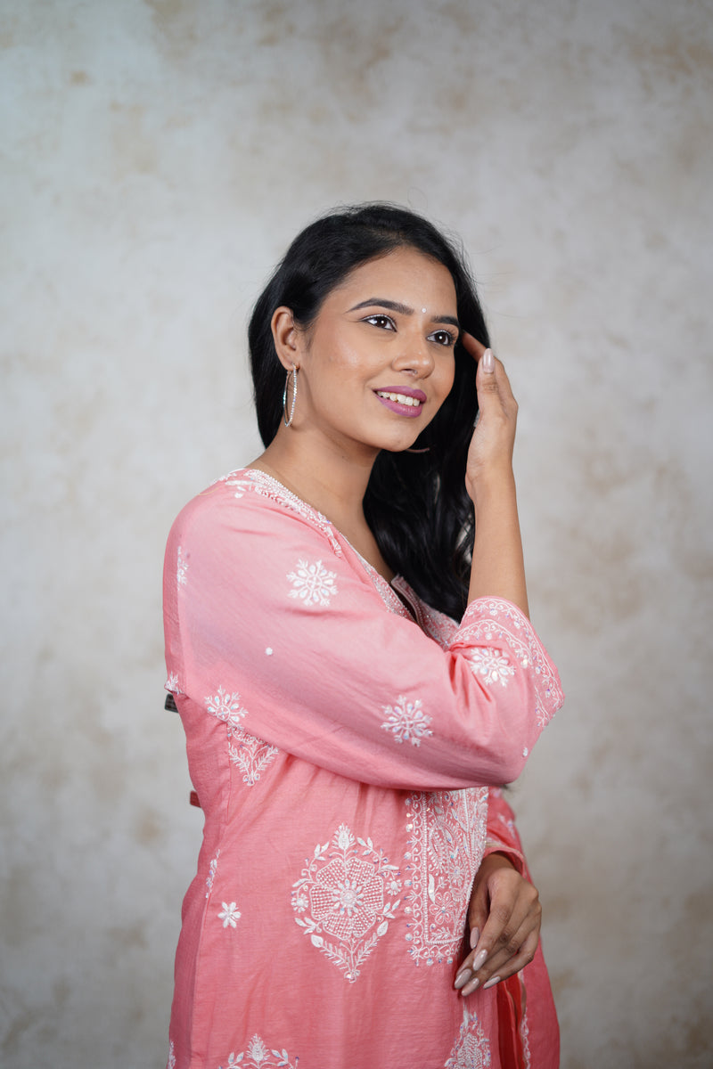 Exquisite Peach Mulchanderi Semistitched Kurta Dupatta Set with Katdana Work