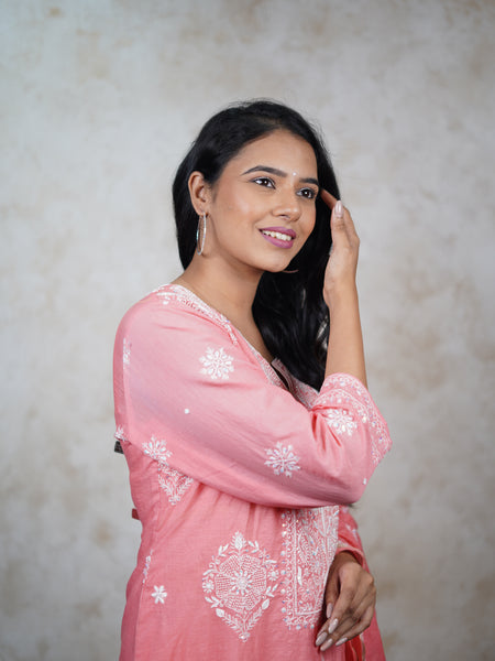 Exquisite Peach Mulchanderi Semistitched Kurta Dupatta Set with Katdana Work